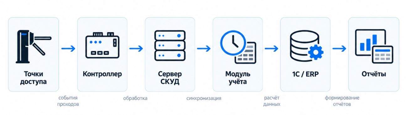 Инфографика архитектуры учёта рабочего времени через СКУД