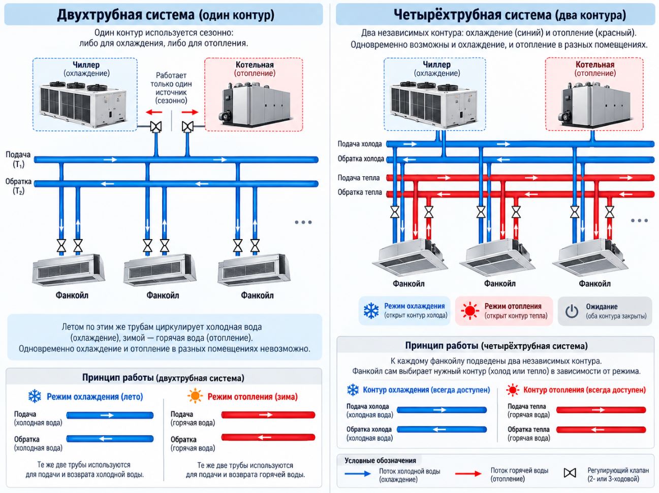 Инфографика двухтрубной и четырёхтрубной системы чиллер-фанкойл