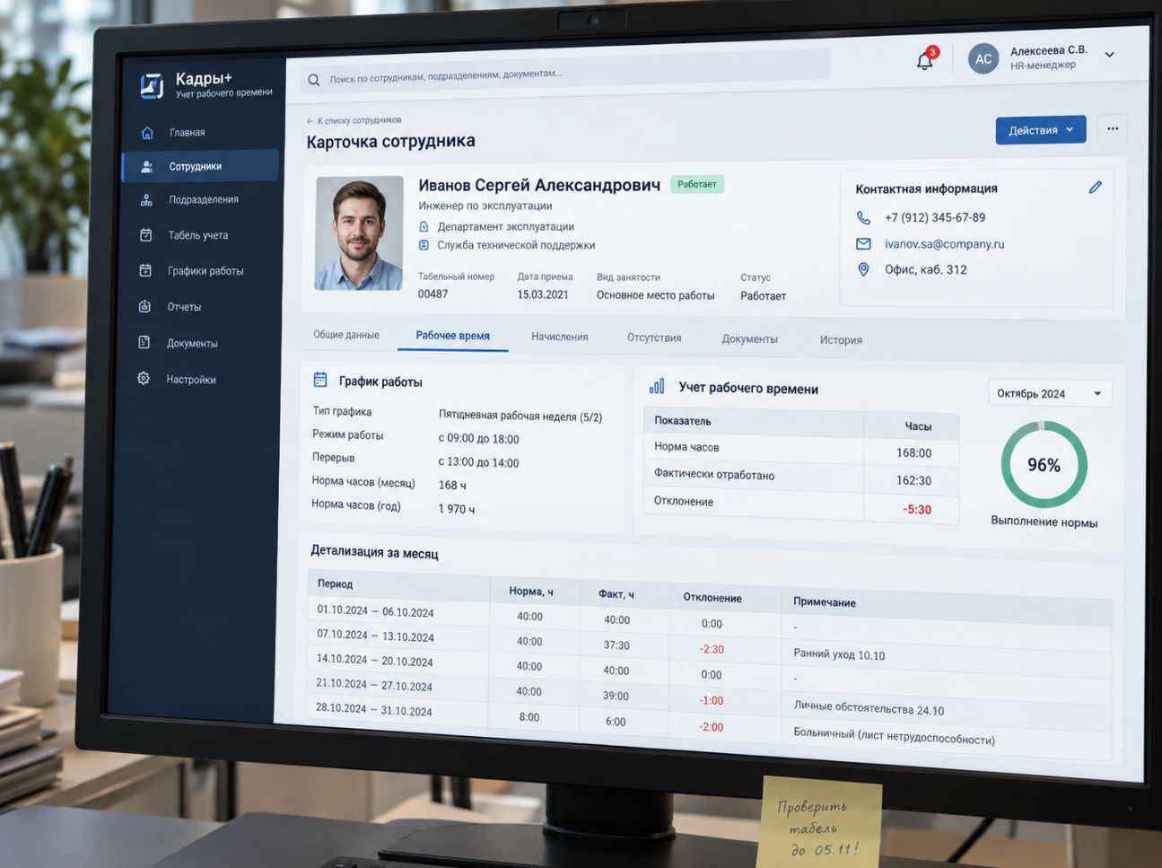 Карточка сотрудника с графиком работы