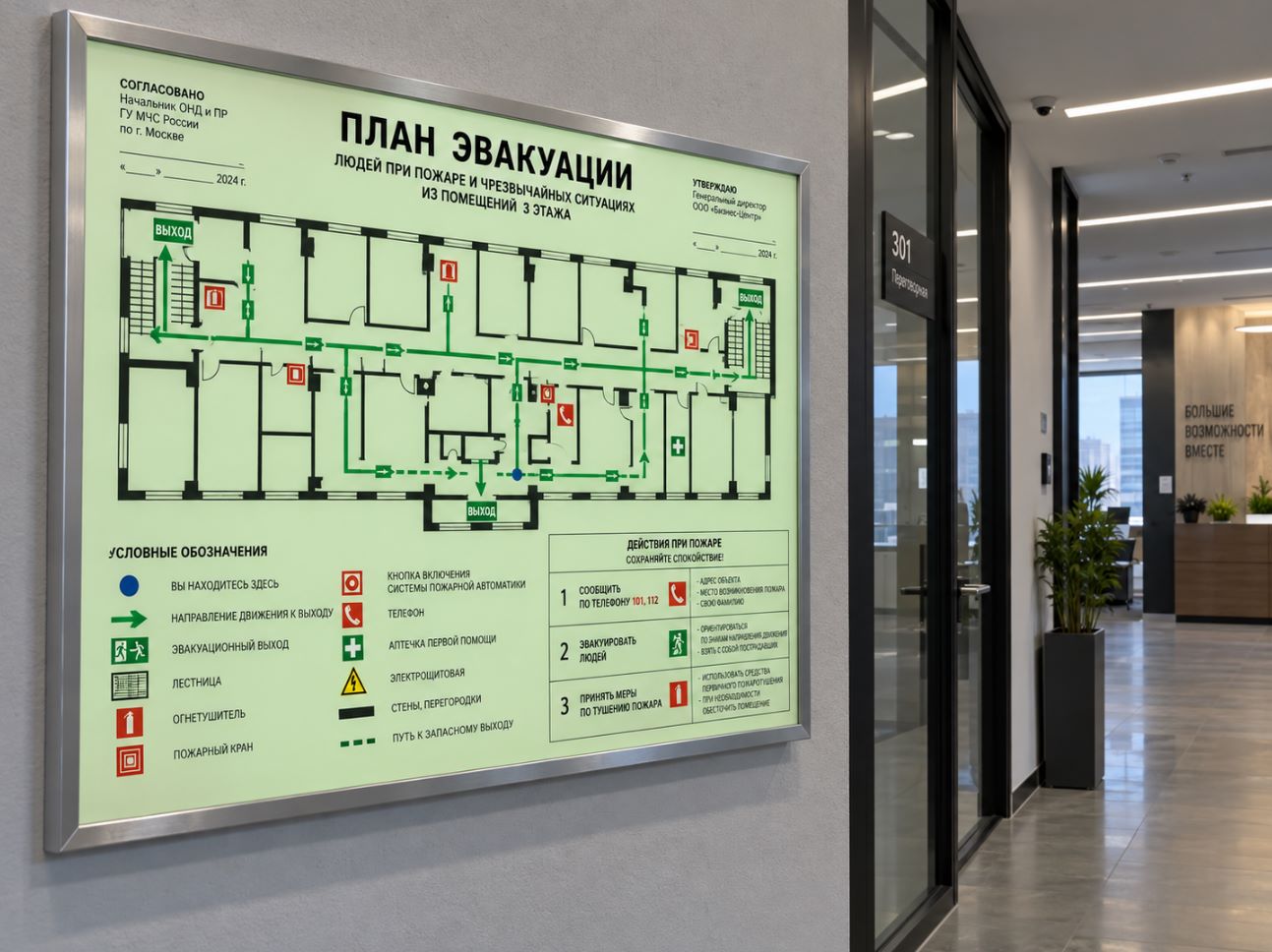 План эвакуации в раме на стене офиса