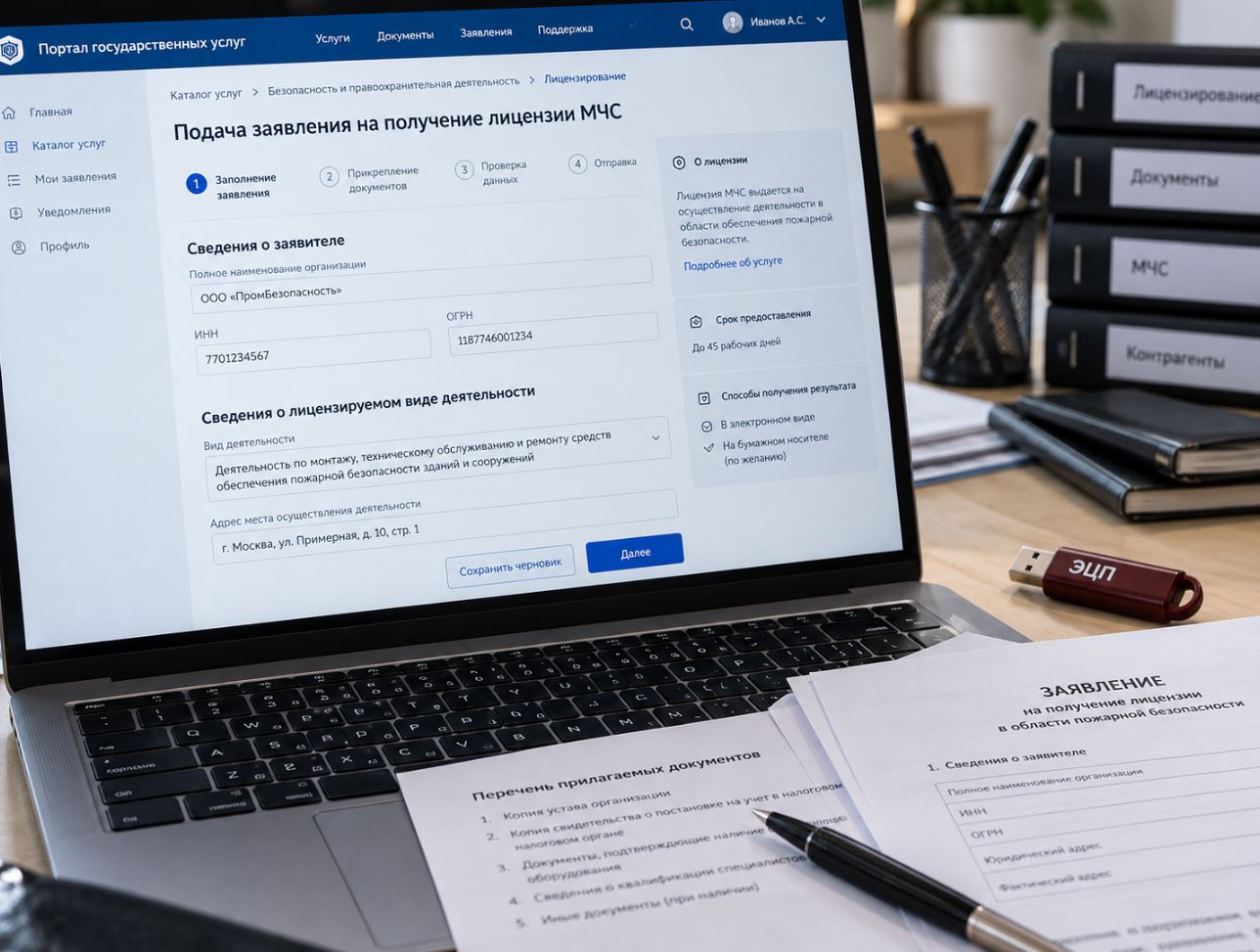 Подача заявления на лицензию МЧС через портал Госуслуг