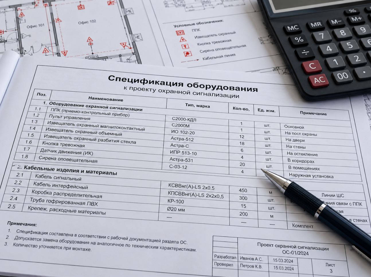 Спецификация оборудования охранной сигнализации в проекте