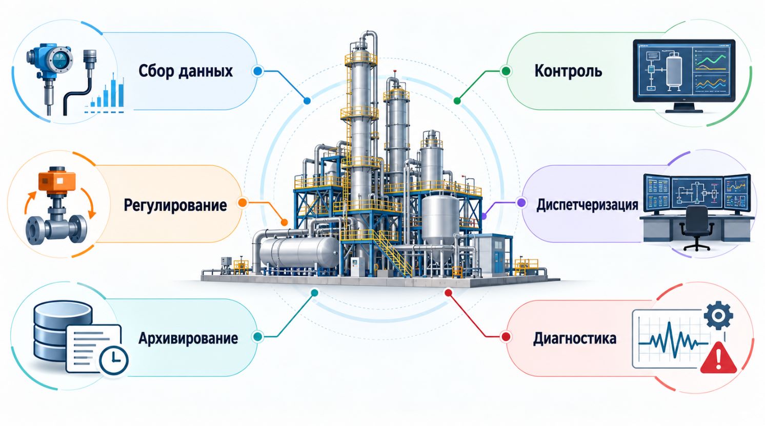 Основные функции АСУ ТП: сбор данных, контроль, регулирование и диагностика