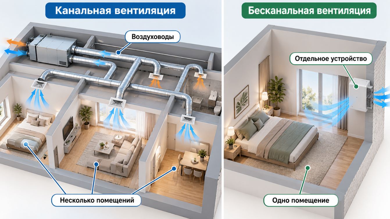 Сравнение канальной и бесканальной вентиляции
