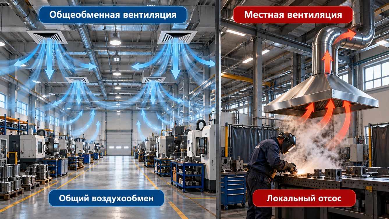 Сравнение местной и общеобменной вентиляции в промышленном помещении
