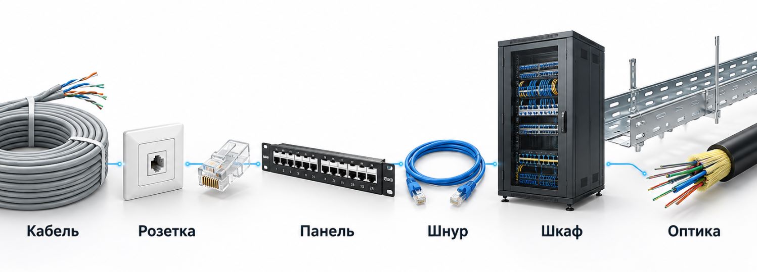 Основные компоненты СКС: кабель, розетка, коммутационная панель, шкаф и оптика