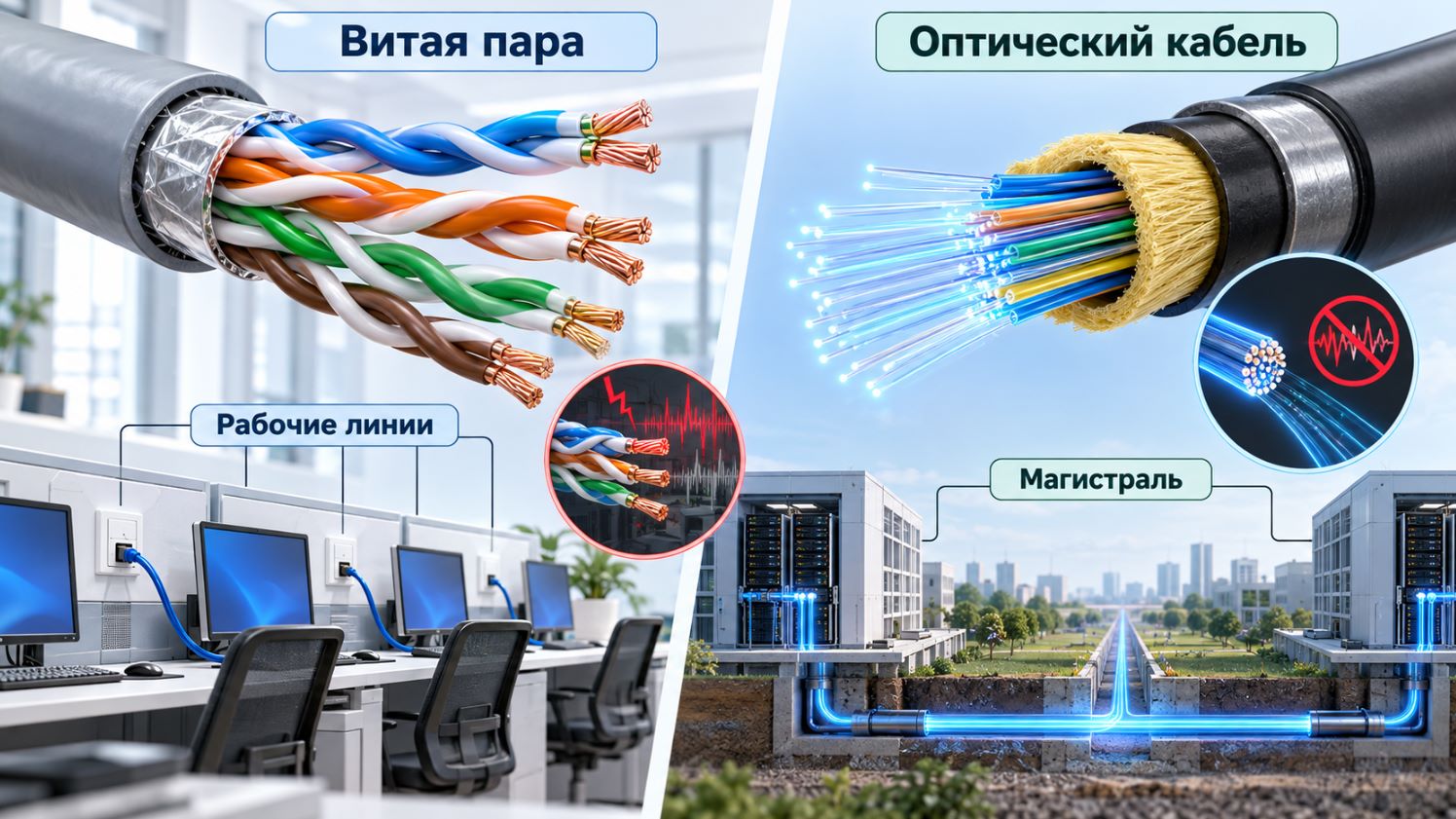 Сравнение витой пары и оптического кабеля в структурированной кабельной системе