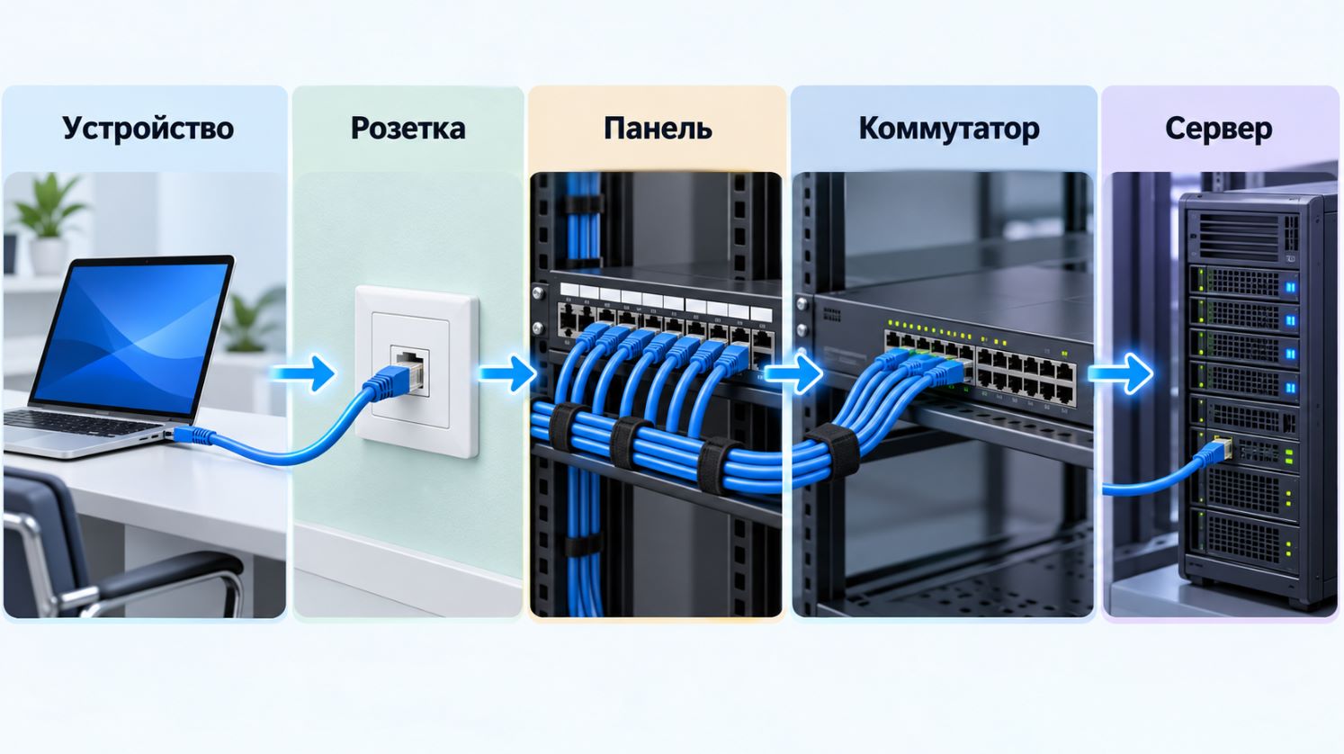 Схема прохождения сигнала от рабочего места через розетку и коммутационную панель к серверу