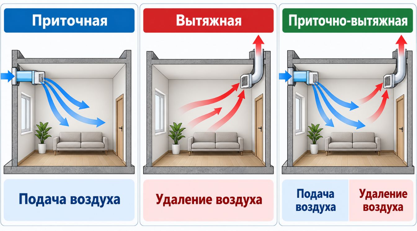 Сравнение приточной, вытяжной и приточно-вытяжной вентиляции