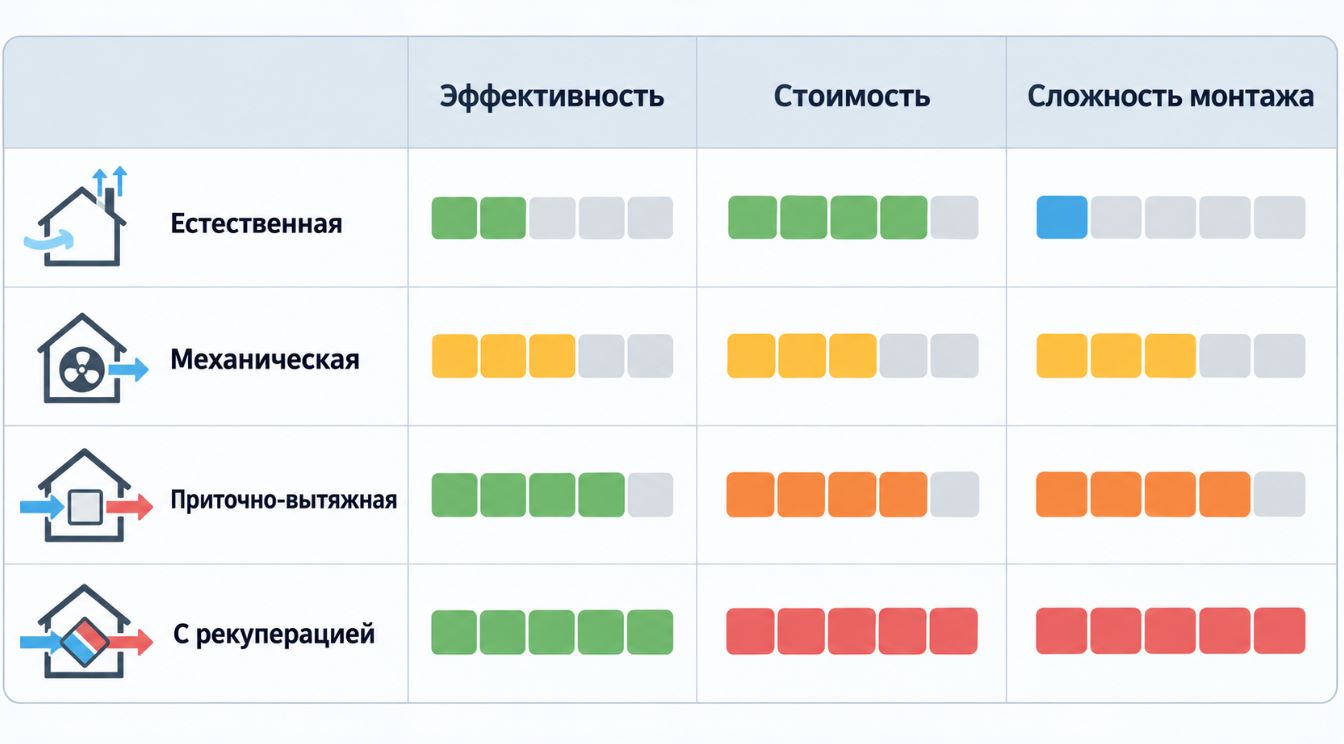 Сравнение видов вентиляции по эффективности, стоимости и сложности монтажа